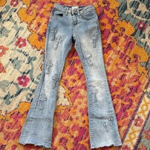 BAMBOO Light Blue Flare Jeans with Cross Details
